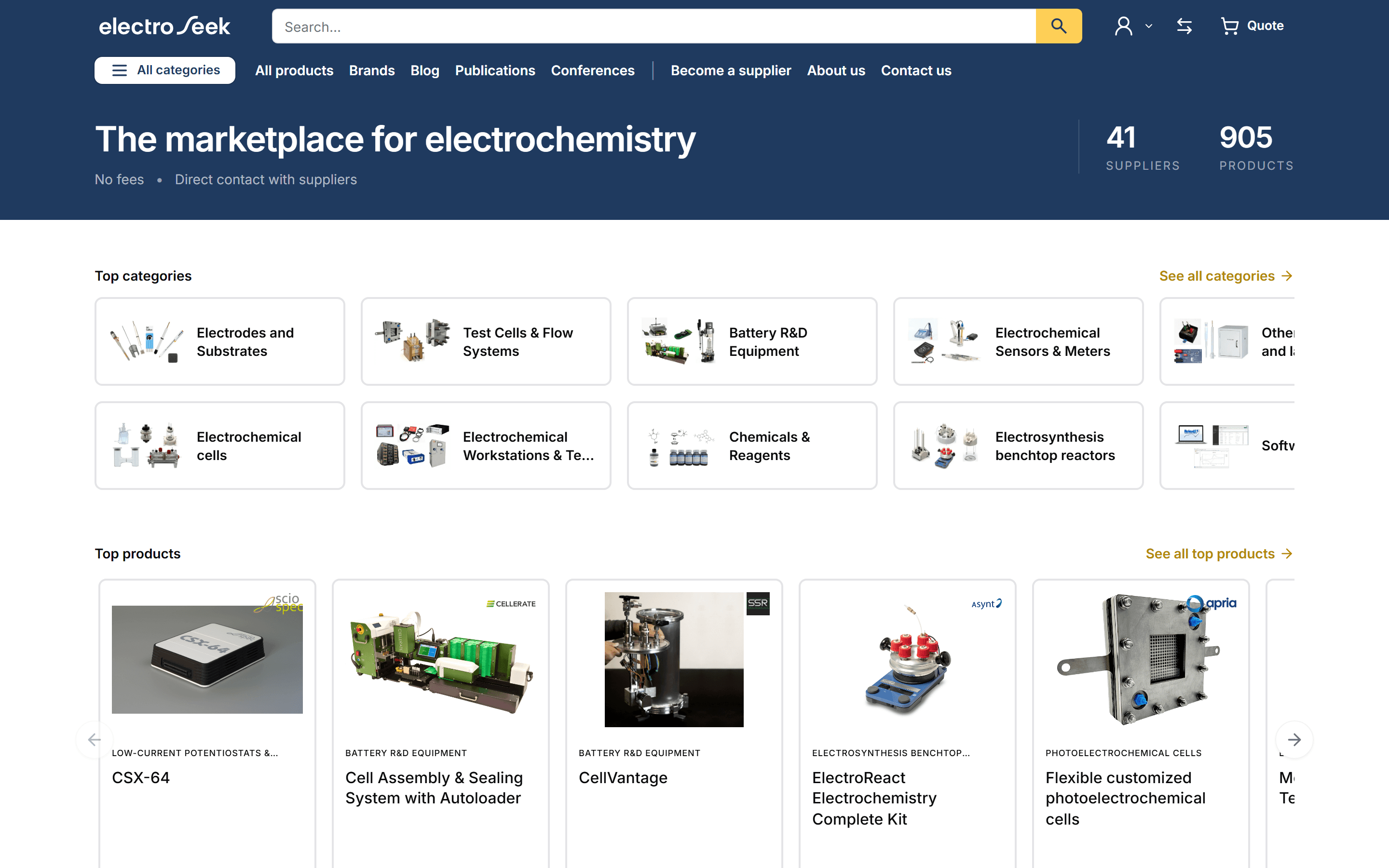 Captura de la página de inicio de ElectroSeek: marketplace de electroquímica con categorías y productos destacados